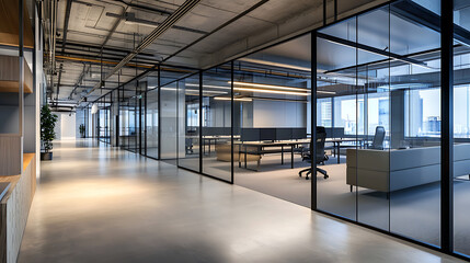 A large open office space with glass walls and a lot of chairs