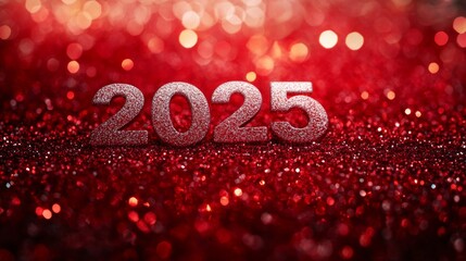 68.A bold composition with textured white numerals forming 2025, placed prominently on a rich red glittery surface. The sparkling background reflects vibrant light, creating a dazzling visual effect.