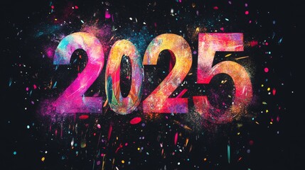 56.A bold T-shirt design with 2025 in multicolored, vibrant typography on a sleek black background. The text features dynamic gradients and subtle confetti accents, perfect for a festive look.