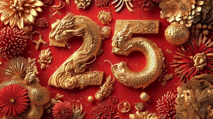 30.A celebratory red and gold design for Chinese New Year 2025, featuring large golden numerals adorned with intricate patterns of firecrackers, dragons, and floral motifs.