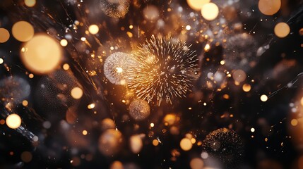 Fototapeta premium 104.A dazzling night scene with golden and silver fireworks bursting against a dark sky, framed by soft, glowing bokeh lights in varying sizes. The composition creates a sense of grandeur and
