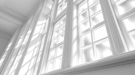 Obraz premium Sunlight streams through large, white-framed windows in a bright room.