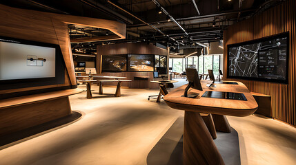 A large room with a lot of wood and a lot of monitors