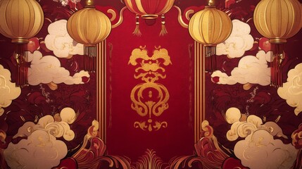 26.A luxurious red banner with bold golden Chinese calligraphy translating to Happy New Year 2025. Ornate patterns of lanterns, cherry blossoms, and clouds frame the design.