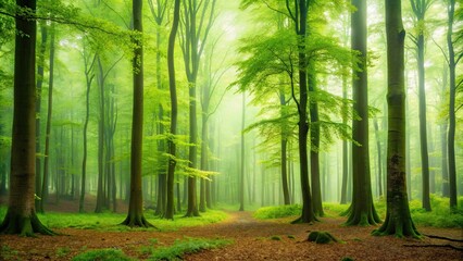 Obraz premium Green foggy morning forest with beech trees, green, foggy, morning, forest, landscape, beech trees, nature, misty, tranquil