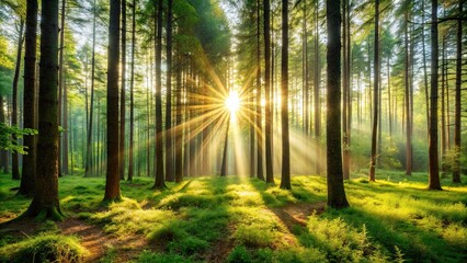 Obraz premium Sunlight filtering through trees in a serene forest, Sunlight, filtering, trees, forest, serene, nature, peaceful, tranquil