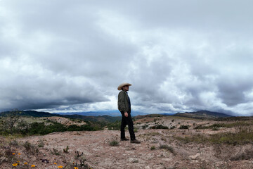 Obraz premium Standing alone amidst dramatic clouds in a remote landscape