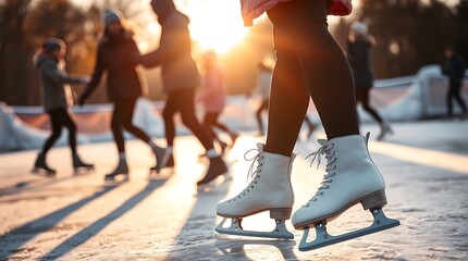group of friends ice skating on a frozen lake, dressed in cozy winter clothing. Soft sunlight glimmers on the ice, capturing a festive, lively atmosphere perfect for winter recreation and holiday vibe