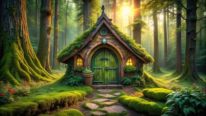 Fototapeta premium Enchanting and whimsical cottage of a leprechaun hidden in the forest, leprechaun, mythical, magical, folklore, hidden