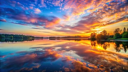 A serene background of a beautiful sunrise over a calm lake with colorful sky reflection, sunrise, lake, background, nature