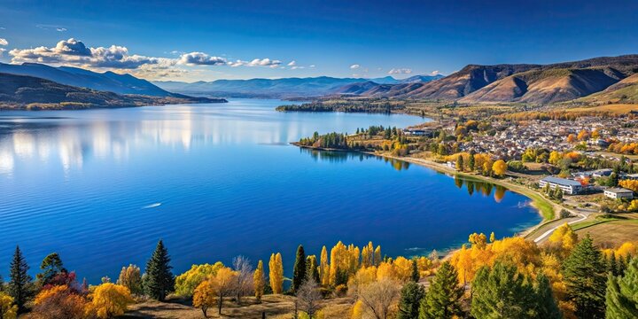 Scenic view of Okanagan Lake and blue sky in autumn in Penticton, BC, Canada , Okanagan Lake, blue sky