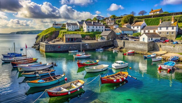 Charming fishing village with colorful boats in the harbor and a lifeboat slipway in Coverack, Cornwall, fishing village