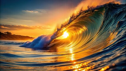 Golden hour ocean wave with warm, glowing light reflecting off the water , ocean, wave, golden hour,water, sunlight, nature, sea, beach
