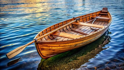 Fototapeta premium Wooden rowboat with oars , Rowboat, Wooden, Oars, Water, Nautical, Lake, Reflection, Vintage, Traditional