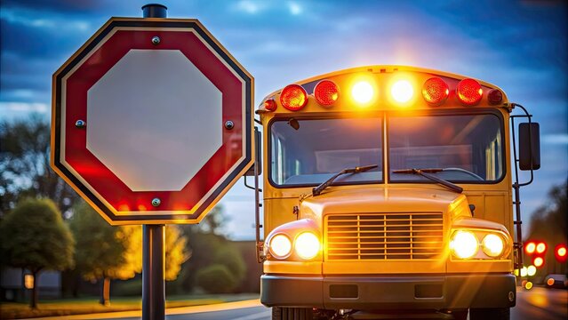 School bus stop sign with bright flashing lights , transportation, safety, school, children, warning, caution, education, stop