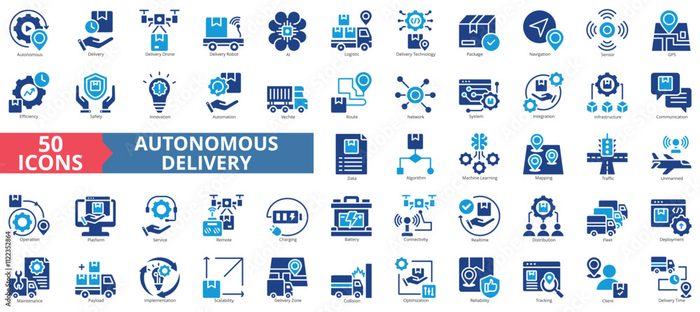 Poster autonomous delivery icon collection set. containing drone, robot, ai, logistic, technology, package,