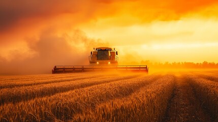 Fototapeta premium Wheat harvesting process during a golden sunset