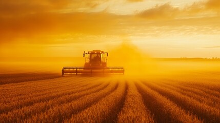 Fototapeta premium Wheat harvesting process during a golden sunset