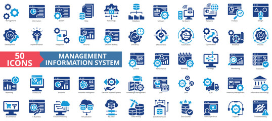Management information system icon collection set. Containing cloud computing, integration, data, technology, database, software, hardware, network icon. Simple flat vector illustration. © Uniconlabs