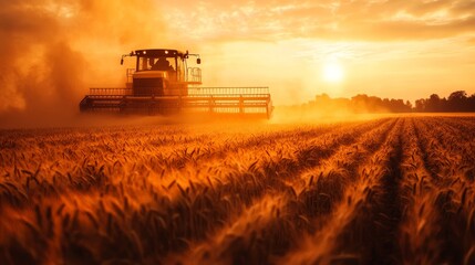 Fototapeta premium Wheat harvesting process during a golden sunset