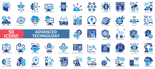 Advanced technology icon collection set. Containing ai, robotic, machine learning, quantum computing, ar, iot, blockchain, cryptocurrency icon. Simple flat vector illustration.