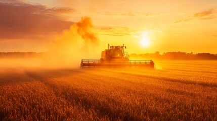 Fototapeta premium Wheat harvesting process during a golden sunset