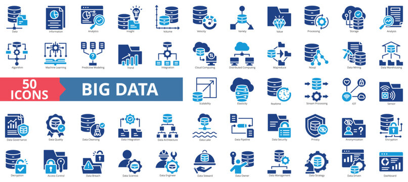 Big data icon collection set. Containing database, information, analytics, insight, volume, velocity, variety, value, processing, storage icon. Simple flat vector illustration.