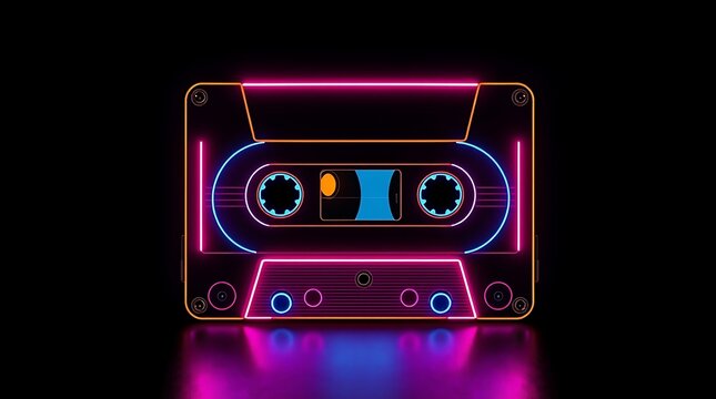 glowing neon cassette radiates vibrant colors, evoking nostalgia for the 90s. A retro audio tape perfect for symbolizing vintage music, pop culture, and throwback vibes in a modern, artistic way.
