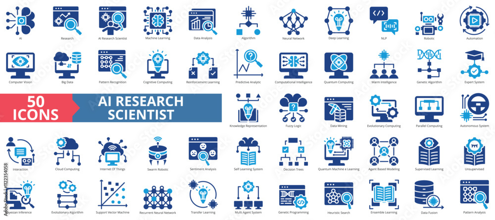 Aufkleber AI research scientist icon collection set. Containing artificial intelligence, machine learning, data analysis, algorithm, neural network, deep, nlp icon. Simple flat vector illustration.