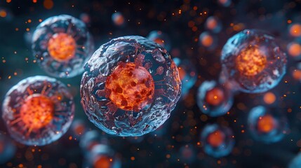 Naklejka premium Microscopic view of abstract futuristic virus or coronavirus cells in a digital scientific laboratory research setting for healthcare medical or pandemic outbreak concept