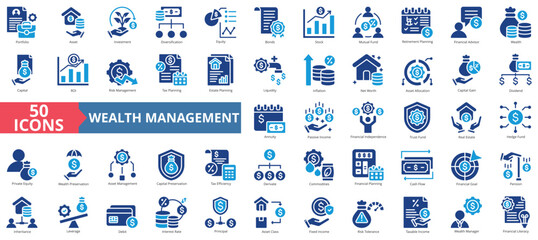 Obraz premium Wealth Management icon collection set. Containing asset, portfolio, investment, diversification, equity, bonds, stock icon. Simple flat vector.