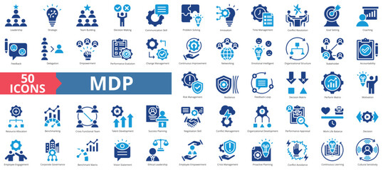 Management development program of mdp concept icon collection set. Containing leadership, strategic, team building, decision making, communication skill icon. Simple flat vector.