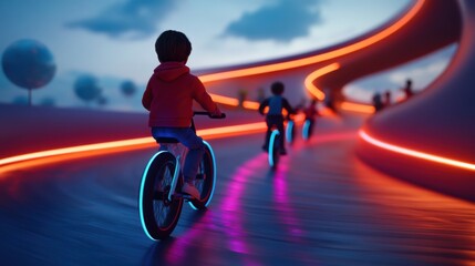 Kids Riding Bicycles on Futuristic Neon Path in a Vibrant Digital Landscape at Dusk