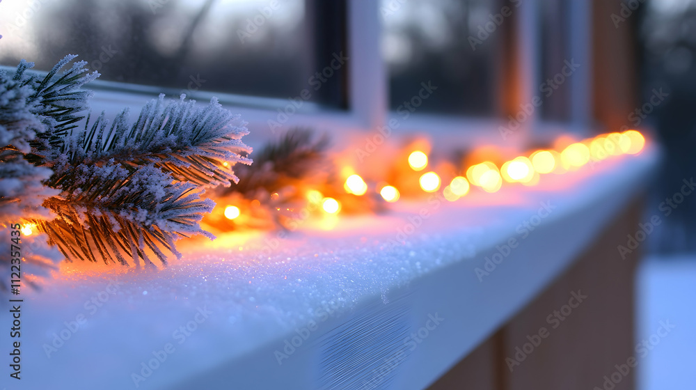 Poster frosty windowsill with string lights and pine branch.