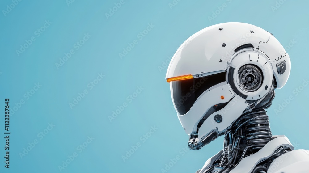 Poster futuristic robot design with sleek armor and intelligent features against a minimalist blue backgrou