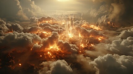 Fototapeta premium An apocalyptic scene of fiery explosions erupting through clouds, casting an orange glow across the sky