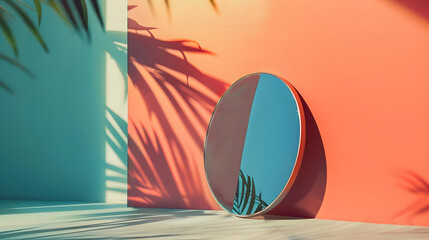 Summer Teal Orange Background with Round Mirror Illustration