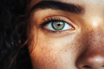 Fototapeta premium Through the Looking Eye, A Detailed Portrait. Freckled Intensity, A Close-Up of Blue Eyes.