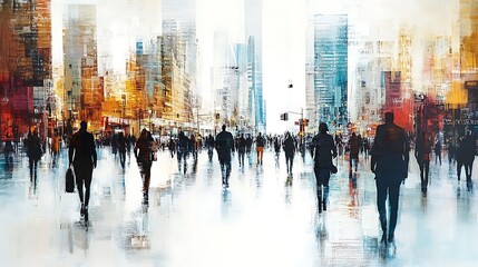 Obraz premium Abstract painting of city street with many people walking.