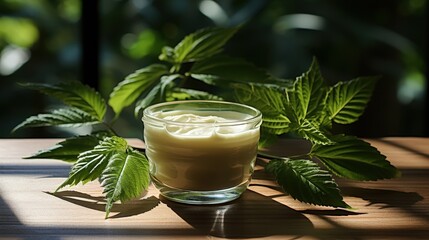 A jar of natural cream resting on a wooden surface surrounded by vibrant green leaves, creating a serene and aromatic ambiance.