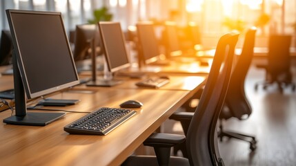 Fototapeta premium Enhance your productivity with a modern desk setup featuring keyboard and monitor for optimal workspace