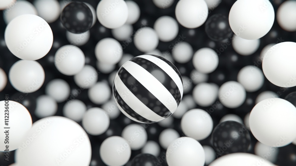 Poster a dynamic arrangement of black and white spheres, with one striped sphere standing out, creating a v