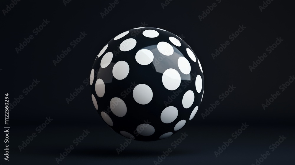 Poster a glossy black sphere covered in white polka dots floats against a dark background, creating a strik