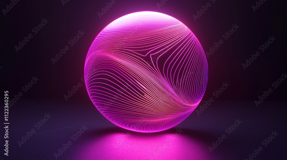 Poster a glowing pink sphere with intricate line patterns, radiating a vibrant light against a dark backgro