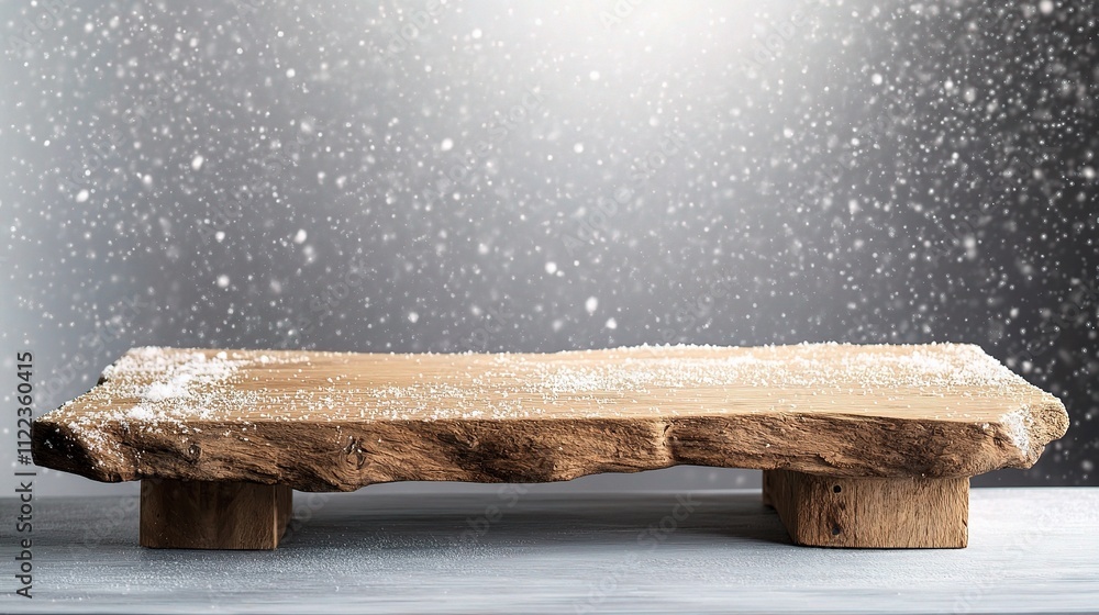 Poster empty rustic wood table with winter snowfall background