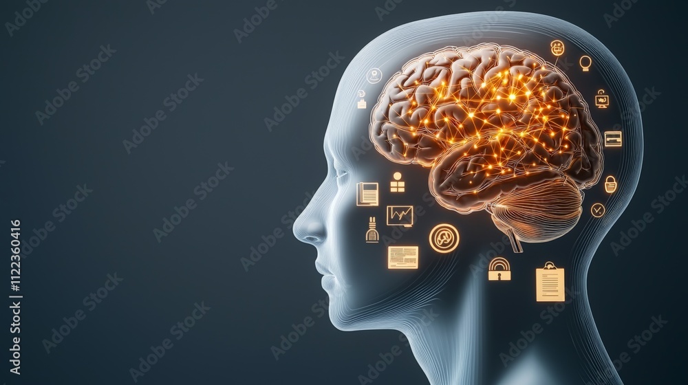 Poster a digital representation of a human head showcasing a glowing brain with various icons symbolizing k