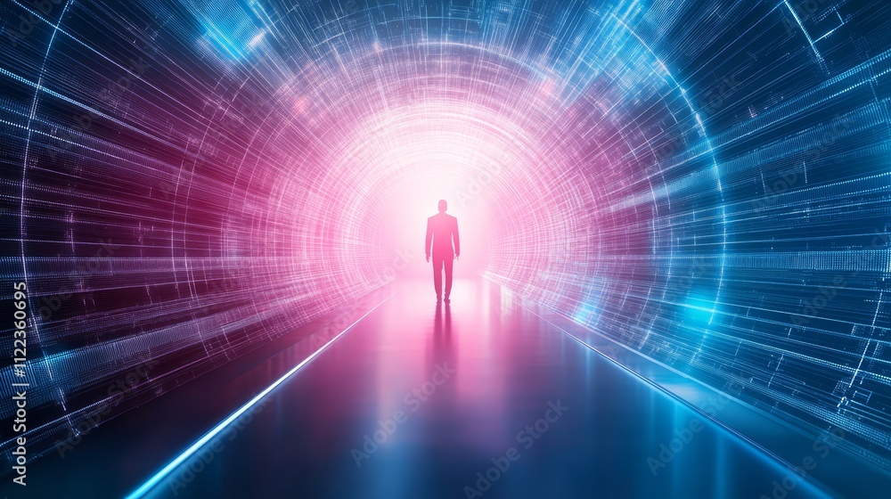 Poster man walking through illuminated tunnel with light trails, a captivating blend of motion and architec