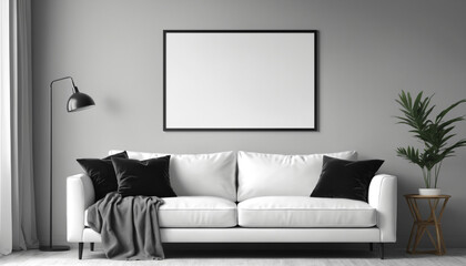 Generative ai. modern living room, minimalist interior, white couch, black throw pillows, gray blanket, large blank white frame on wall, wall-mounted lamp, potted plant, neutral color palette