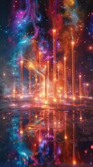 Fototapeta premium Mesmerizing pyrotechnic display of dazzling fireworks in a vibrant kaleidoscope of cosmic colors bursting and reflecting on the tranquil surface to create a majestic nighttime spectacle