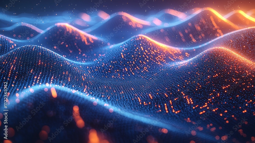 Poster a vibrant abstract representation of flowing waves, illuminated with glowing particles, creating a d
